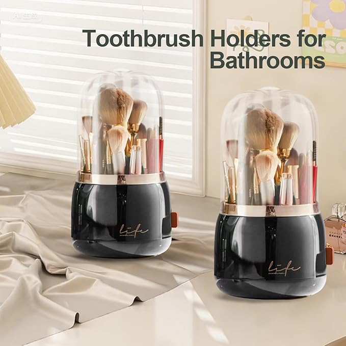 Toothbrush Holders with Cover, Dustproof 360 Rotating 7 Slots Toothpaste Holder for Bathroom Organizer Countertop, Makeup Brushes Organizer, Bathroom Accessories (Black)