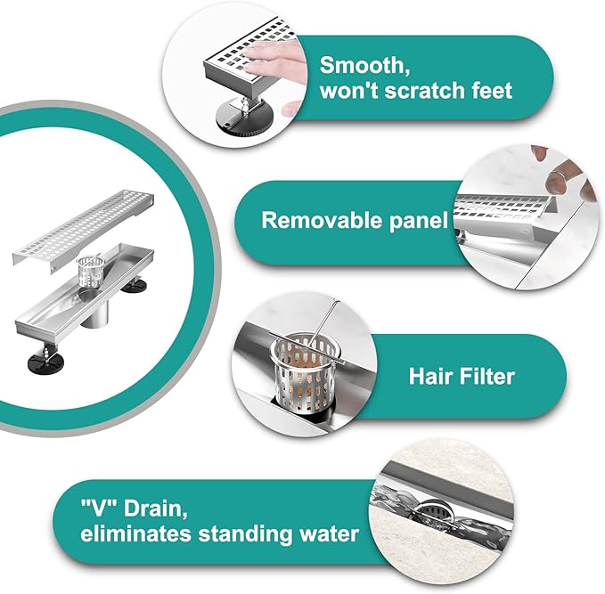 12 Inch Linear Drain Shower Rectangular Floor Drain with Removable Square Hole Cover and Hair Catcher, Long Shower Drains 304 Stainless Steel CUPC Certified (Brushed Nickel)