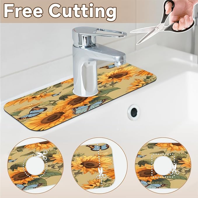 Sunflower Butterfly Pattern Kitchen Faucet Mat Splash Guard, 15.4”x5.7” Absorbent Quick Drying Sink Mat for Countertop Protection, Draining Mat Sink Protectors For Kitchen Bathroom, 1 Pack