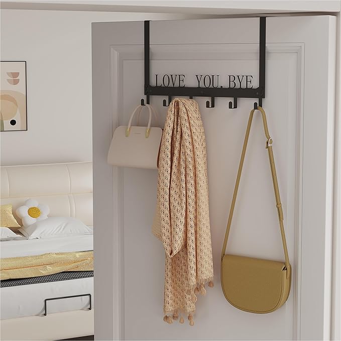 CHNHONG Over Door Hooks -Love You, Bye Detachable 6 Hooks Towel Holder for Bathroom, Bedroom, Kitchen & Pool with Screws Bathroom Organizers and Storage- Gold Metal Wall Mount