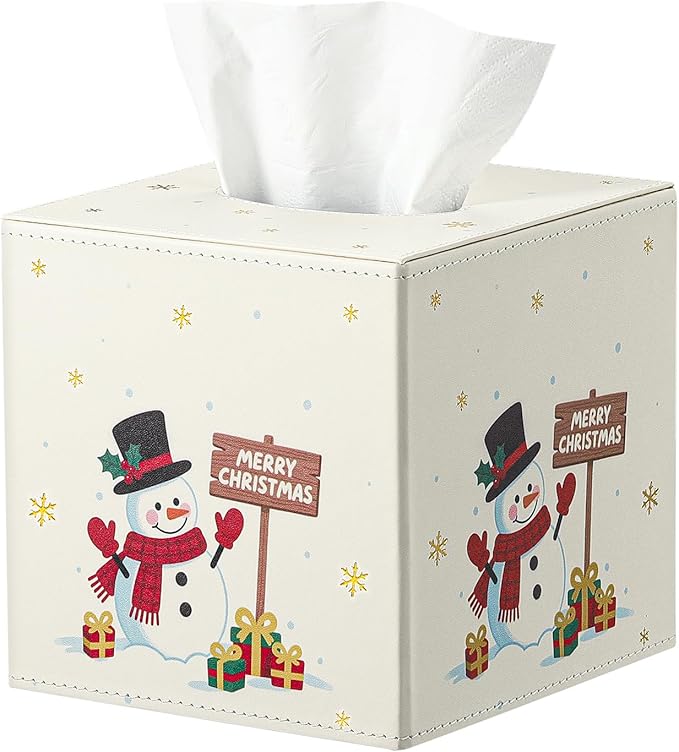 Luxspire Christmas Tissue Box Cover, 5.51" Square Tissue Box Cover with Magnetic Closure, Tissue Box Holder Christmas Decor for Living Room Bedroom Countertop Cars Hotels, Christmas Snowman