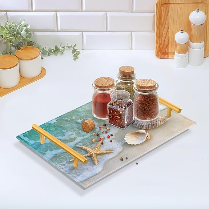 Beach Shell Vanity Tray Acrylic Bathroom Countertop Tray Ocean Decorative for Kitchen Desk Organizer Makeup Storage Tray