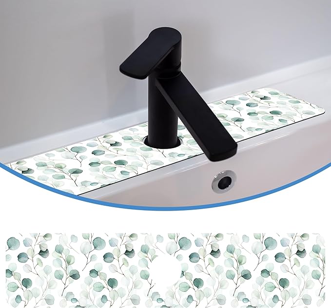 Faucet Mat for Kitchen Sink Watercolor Green Leave Branche, Soft Diatom Mud Material, Strong Water Absorption, Non-slip, Easy to Clean for Bathroom, Kitchen 23.5"X5.5"