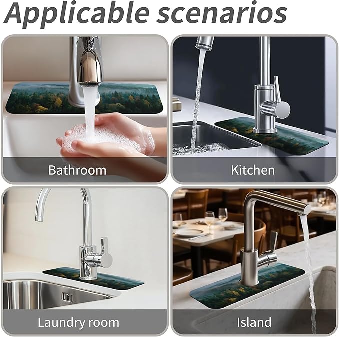 Kitchen Sink Splash Guard，Dense forest Faucet Mat Sink Gadgets-Super Absorbent Fast Drying Mat Drip Catcher for Kitchen, Bathroom,Sink Mat, Dish Drying Mat, Bathroom(15" X 5.5" )