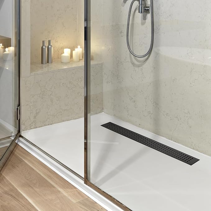 12 Inch Removable Cover Linear Shower Drain 304 Stainless Steel Rectangular Floor Drain for Kitchen Bathroom Square Hole Drain with Accessories Hair Strainer Adjustable Leveling Feet (Matte Black)