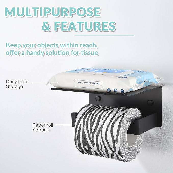 APLusee Matte Black Toilet Paper Holder with Shelf, Left Side 304 Stainless Steel Tissue Hanger, Wall Mounted