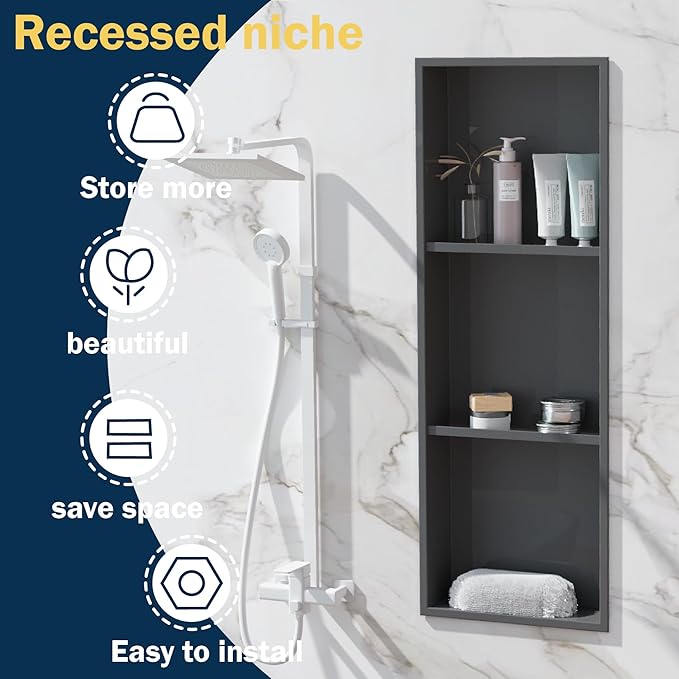 Black Stainless Steel Shower Niche 36" X 12" ，Recessed Shower Shelf for Bathroom Storage，Three-Tier Shelves， Matte Black (Black, 36 * 12 in)