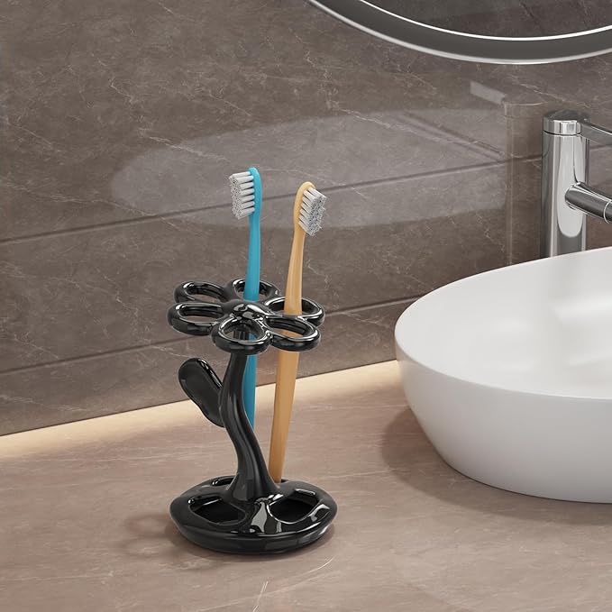 Toothbrush Holder for Bathroom, Flower Shape Ceramic Toothbrush Organiser, Holds 6 Standard Brushes (It's Black)