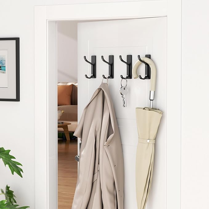 niffgaff Wall Hooks for Coat and Towel: 13lb Adhesive Door Hanger Stick On, Sticky Hook for Wall, Closet, Bathroom - Black, 4 Pack