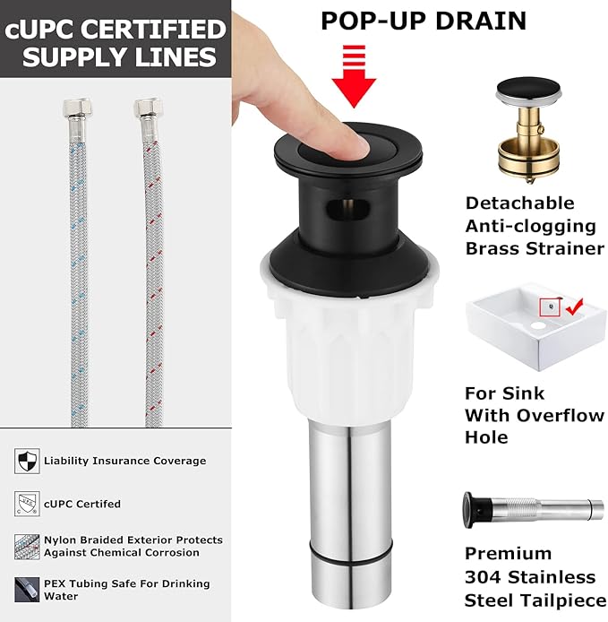 Brass Single-Handle Bathroom Sink Faucet with Escutcheon, Pop Up Drain Stopper & Water Supply Hoses, Matte Black, 14253