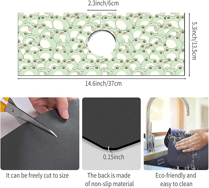 Absorbent Splash Guard Mat for Kitchen Sink, 15×5.5 Inch Cute Fast Drying Drip Catcher Behind Faucet Mat, Non-Slip, Washable Sink Mat Gadgets for Bathroom, Kitchen, Bar Green Frog