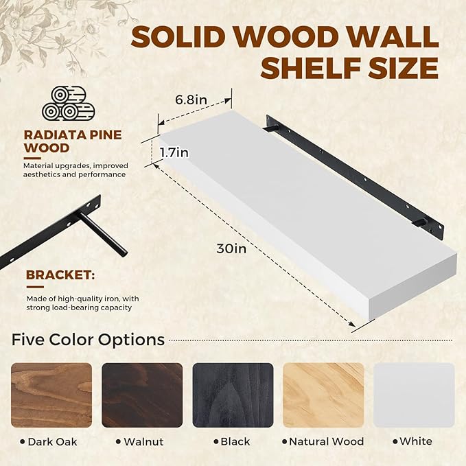 Floating Wall Shelves 30x6.8x1.7 Inch – Solid Wood Rustic Shelves in White Finish – Wall Mounted Heavy Duty Display Shelf for Kitchen, Bedroom, Living Room – Set of 2