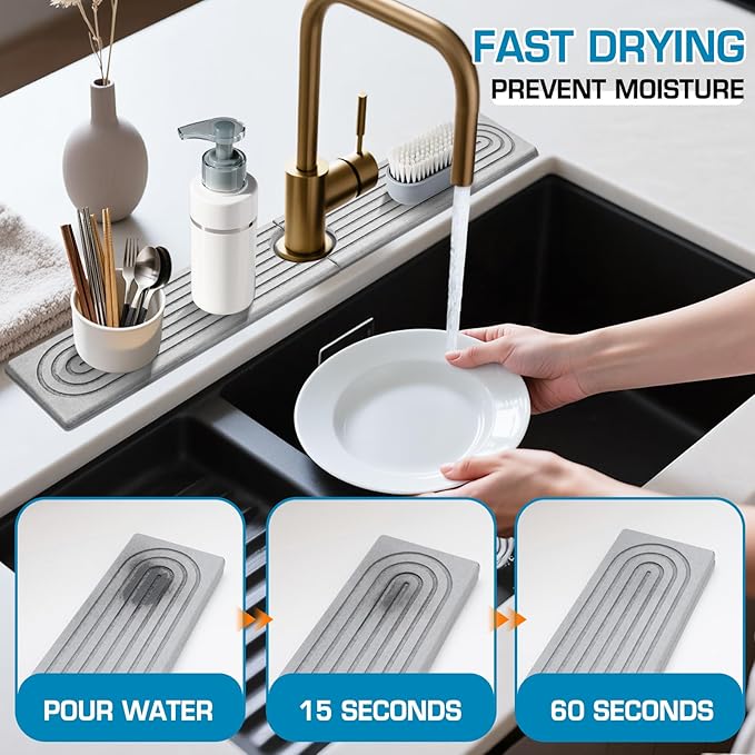 Light Gray Rectangle 23.6" Diatomite Faucet Mat&Stone Sink Tray–Quick Drying,Super Absorbent Splash Guard for Kitchen&Bathroom Sink | Countertop Protector with Smoothing Tool