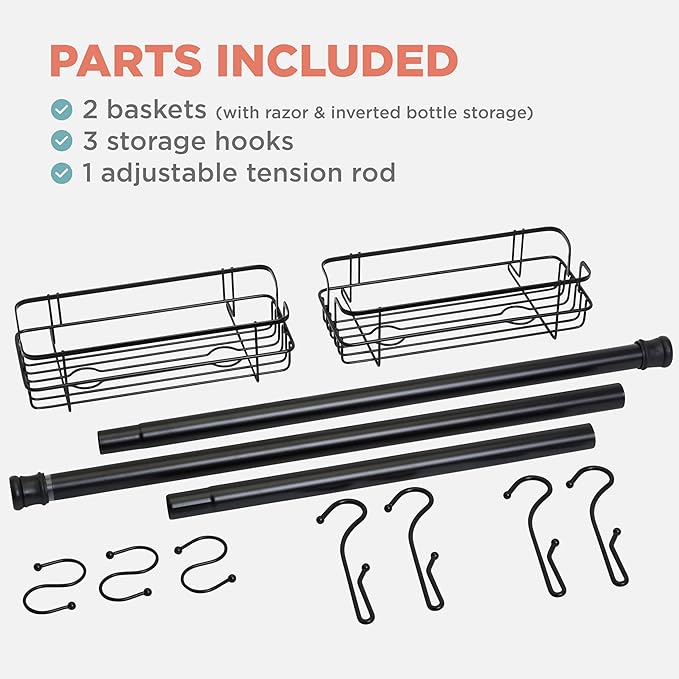 Zenna Home Bathroom Organizer Shower Caddy, Adjustable Horizontal Tension Pole Between Wall Shower Storage System with 2 Baskets and 3 Hooks, 26 to 76 Inch, Matte Black