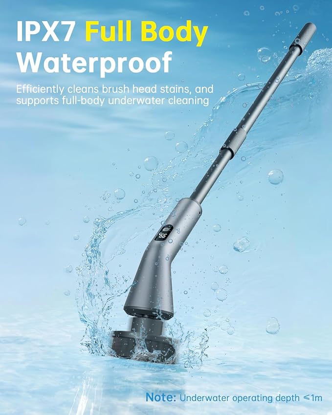 VICNOVA Electric Spin Scrubber, IPX7 Waterproof 2-Speed, Extendable Long Handle Cordless Cleaning Brush with 7 Replacement Brush Heads for Bathroom Shower Bathtub Glass Tub Tile Floor Car