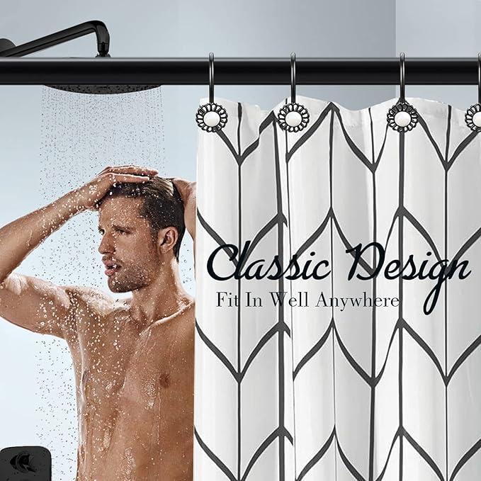 Black Sunflower Shower Curtain Rings and Hooks, Set of 12 Metal Rings and Hooks, Floral Pearl Finish, Matte Black