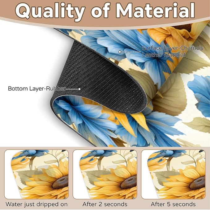 Sunflower Blue Bloom Kitchen Faucet Mat Splash Guard, 15.4”x5.7” Absorbent Quick Drying Sink Mat for Countertop Protection, Draining Mat Sink Protectors For Kitchen Bathroom, 1 Pack