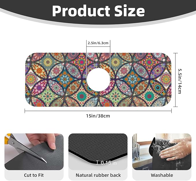 Boho Pretty Mandala Ceramic Rainbow Kitchen Sink Splash Guard Faucet Mat 1 Pcs, Absorbent Fast Drying Mat Gadgets Splash Guard For Bathroom 15 X 5.5 Inches