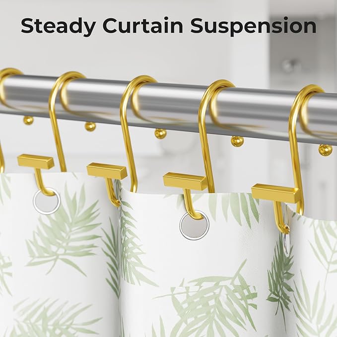 Muted Gold Shower Curtain Hooks, Bathway Shower Curtain Rings Rust Proof, 12PCS Shower Hooks for Shower Curtain, T-Bar Design Convenient Elegant Shower Curtain Hangers for Bathroom Kitchen Wardrobe