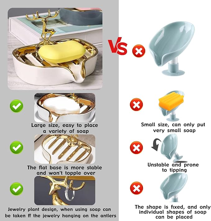 Soap Dish, Luxurious Ceramic Soap Dish Self Draining Soap Holder Tray Easy Cleaning Soap Saver for Shower Bathroom Kitchen Sink Bathtub Hotel Travel（White Painted in Gold）