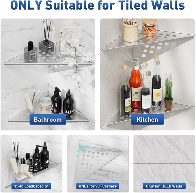Corner Shower Shelf 10" Slot Design Recessed Shower Shelves for Tiled Wall, 2 Pack 304 Stainless Steel Corner Shelves for Bathroom Organizer (Silver, Floral)