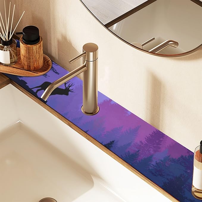 Kitchen Sink Splash Guard 2 PCS 30 Inch Sink Faucet Mat Splash Guard for Bathroom Countertop Water Absorbent Foldable Cuttable Soft Washable Purple Stag Mountains and Forest