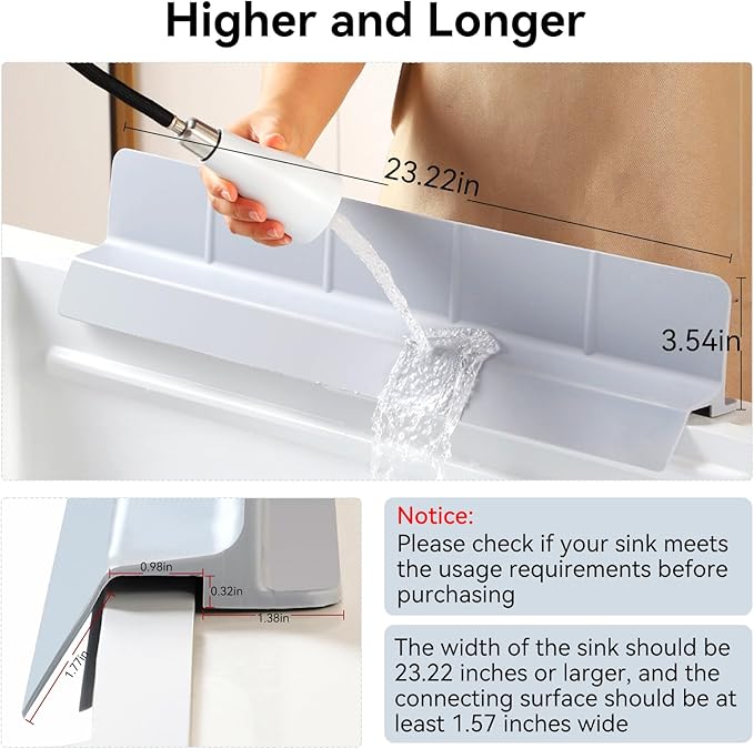 23" Kitchen Silicone Sink Water Splash Guard - Non Slip Suction Sink Splash Protector with Ramp Design for Kitchen Island & Bathroom, Dishwasher Safe, Grey