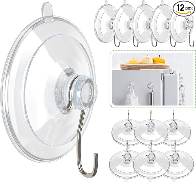 Hangerspace Suction Cup Hooks, 1.77 Inches Clear PVC Suction Cups with Metal Hooks Removable Small Suction Cups for Shower Bathroom Kitchen Wall Window Glass Door 12 Pack
