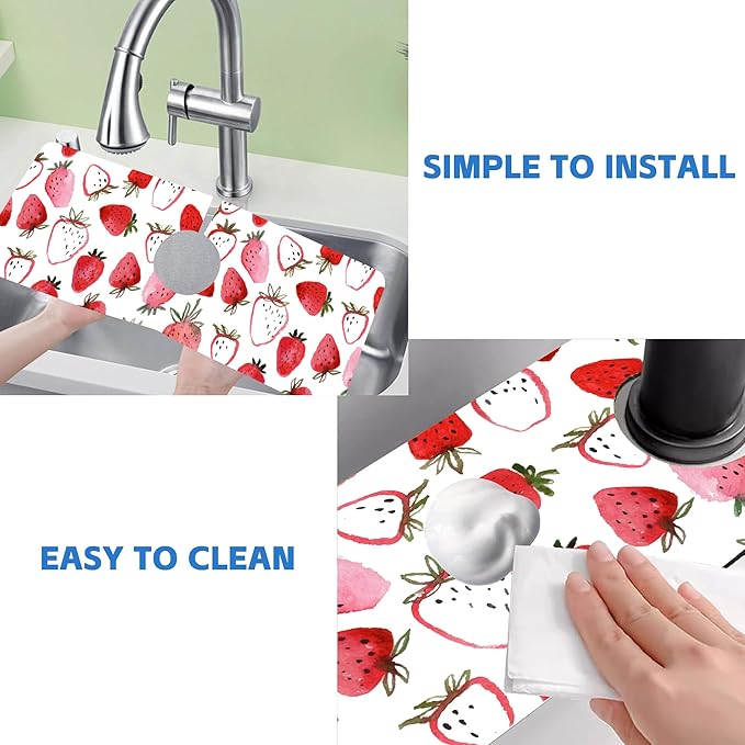 Watercolor Strawberry Kitchen Sink Splash Guard Mat Absorbent Fast Drying Mat Faucet Draining Mat Sink Splash Guard Behind Faucet Drip Catcher for Kitchen Bathroom 5.5"×15"