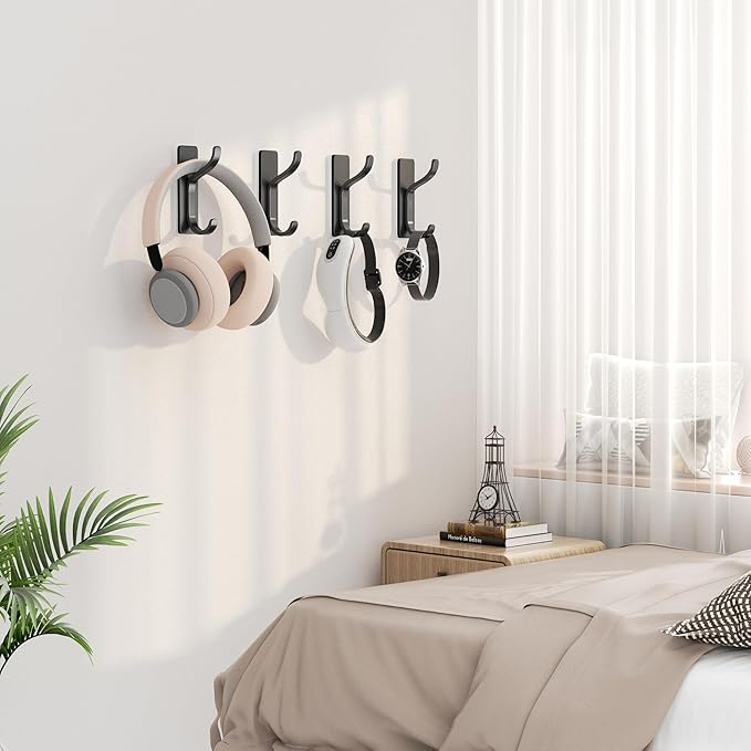 niffgaff Wall Hooks for Coat and Towel: 13lb Adhesive Door Hanger Stick On, Sticky Hook for Wall, Closet, Bathroom - Black, 4 Pack