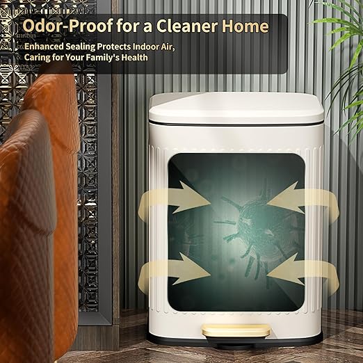 MRBIN Metal Bathroom Trash Can with Lid, Step Small Kitchen Waste Basket Touchless Soft Close, 12L / 3.2gal Rectangle Garbage Bucket with Stainless Steel Pedal for Office, Bedroom Accessories, White