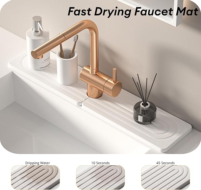 Faucet Mat for Kitchen Sink, 24'' Long Diatomite Quick Dry Faucet Mat Faucet Splash Guard for Bathroom Counter, Kitchen [White, 23.6" x 3.9"]