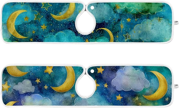 Sink Faucet Absorbing Mat Kitchen Sink Splash Guard Splash Faucet Drip Catcher for Bar RV Bathroom 2PCS 14.9x5.5in Watercolor Moon Star Green
