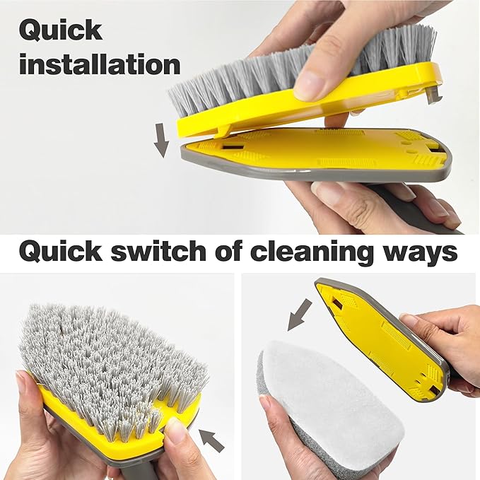 NEWE Shower Cleaner Brush, Tub Tile Scrubber with Telescopic Long Handle 56 inches, 4 Scrub Heads for Cleaning Bathroom Bathtub Floor Baseboard Sink Kitchen Toilet (Brown Yellow)