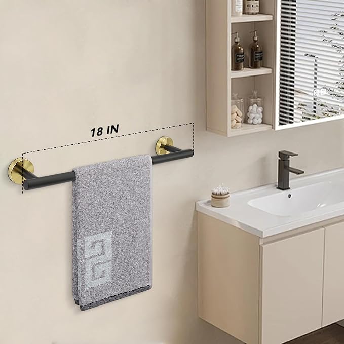 NearMoon Bath Towel Bar, Thicken Stainless Steel Shower Towel Rack Holder Wall Mounted for Bathroom, 18-lnch Overall Length-16-lnch Usable Hanging Space (1 Pack, Matte Black & Gold)
