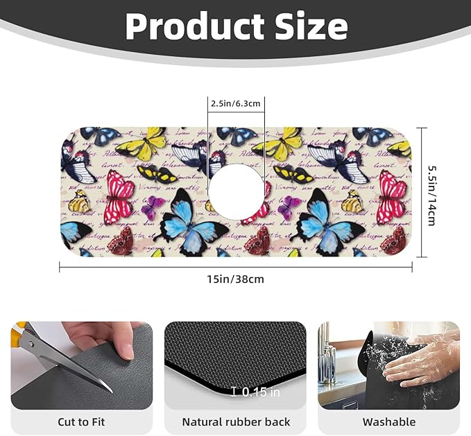 Butterfly Beautiful Vintage Butterflies Kitchen Sink Splash Guard Faucet Mat 1 Pcs, Absorbent Fast Drying Mat Gadgets Splash Guard For Bathroom 15 X 5.5 Inches