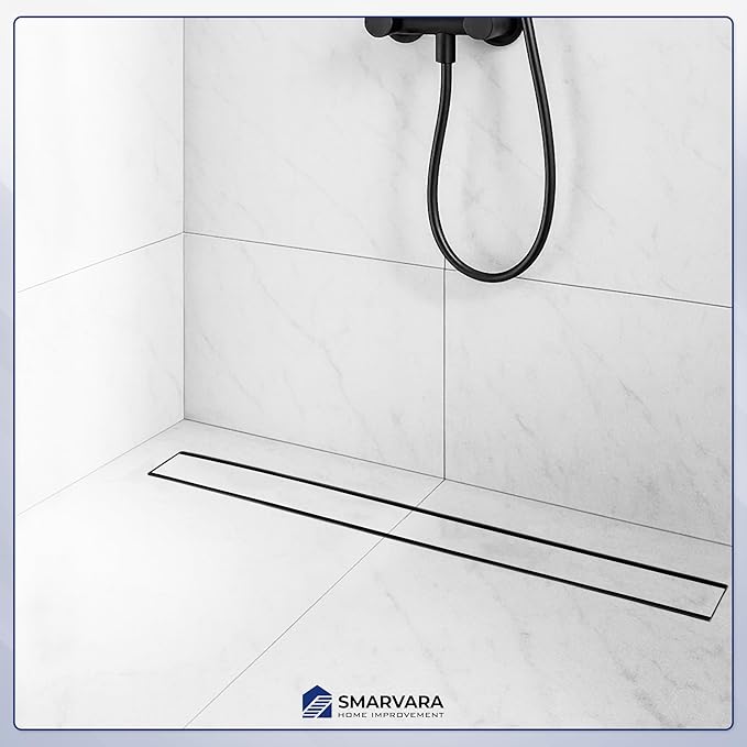 Linear Shower Drain 24 inch Matte Black with 2-in-1 Flat & Tile Insert Cover - 304 Stainless Steel Shower Floor Drain - Bathroom Drain with Reversible Cover & Hair Catcher - Includes Cleaning Tools