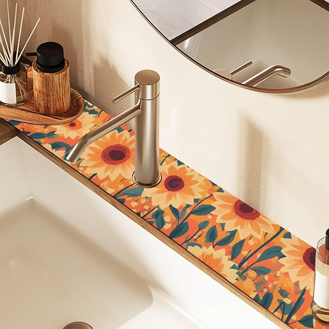 Kitchen Sink Splash Guard 2 PCS 30 Inch Sink Faucet Mat Splash Guard for Bathroom Countertop Water Absorbent Foldable Cuttable Soft Washable Orange Sunflowers and Poppy Flowers