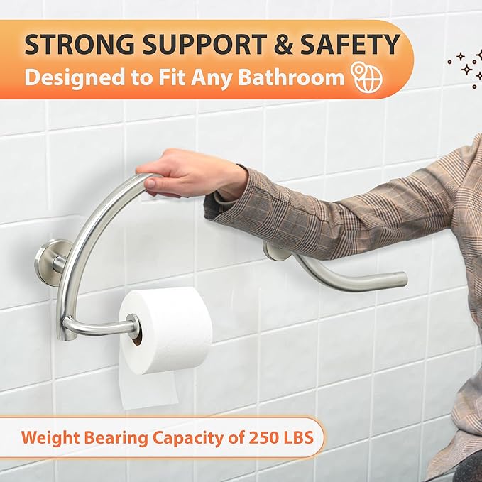 Bathroom Grab Bar & Toilet Paper Holder - Stand Assist for Adults Elderly Handicap / 304 Stainless Steel / Left / Brushed Finish / 30" x 11"