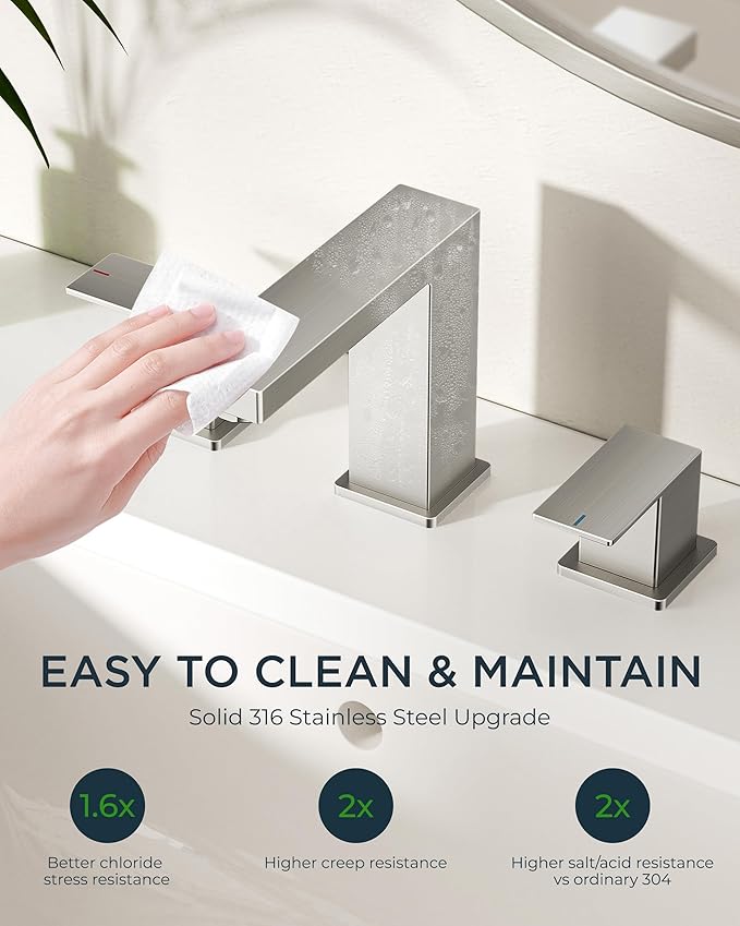 FORIOUS Brushed Nickel Bathroom Faucets 3 Hole, Stainless Steel 2 Handle Square 8 in Widespread Bathroom Sink Faucet Brushed Nickel 3 Hole with Metal Pop Up Drain, CUPC Water Hoses