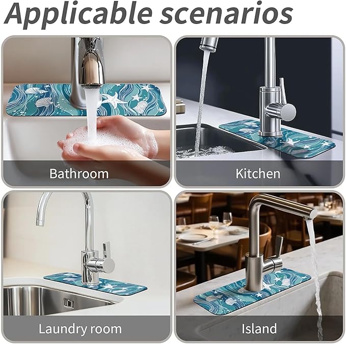 Kitchen Sink Splash Guard，Wave, starfish, shell Faucet Mat Sink Gadgets-Super Absorbent Fast Drying Mat Drip Catcher for Kitchen, Bathroom,Sink Mat, Dish Drying Mat, Bathroom(15" X 5.5" )