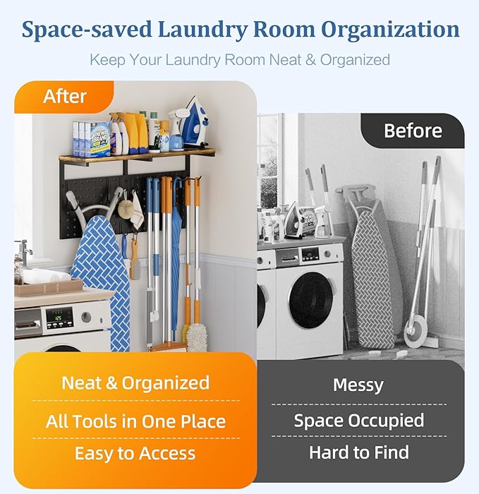 Ironing Board Hanger Wall Mount with Cleaning Supplies Organizer, Laundry Room Organization Storage Shelf with Iron Stand & Broom Mop Holder Hooks, Utility Rack for Home Garage Kitchen