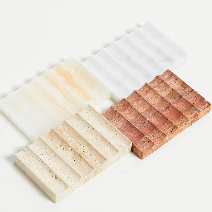 Luxurious Marble Soap Dish Jewelry Ring Tray - Rectangle Stone Soap Tray & Saver for Shower – Self Draining Soap Holder for Bathroom, Kitchen, White Onyx