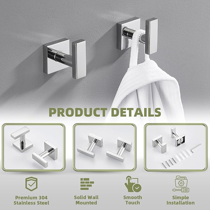 APLusee Polished Chrome Towel Hook 2 Pack, 304 Stainless Steel Clothes Hook, Wall Mounted