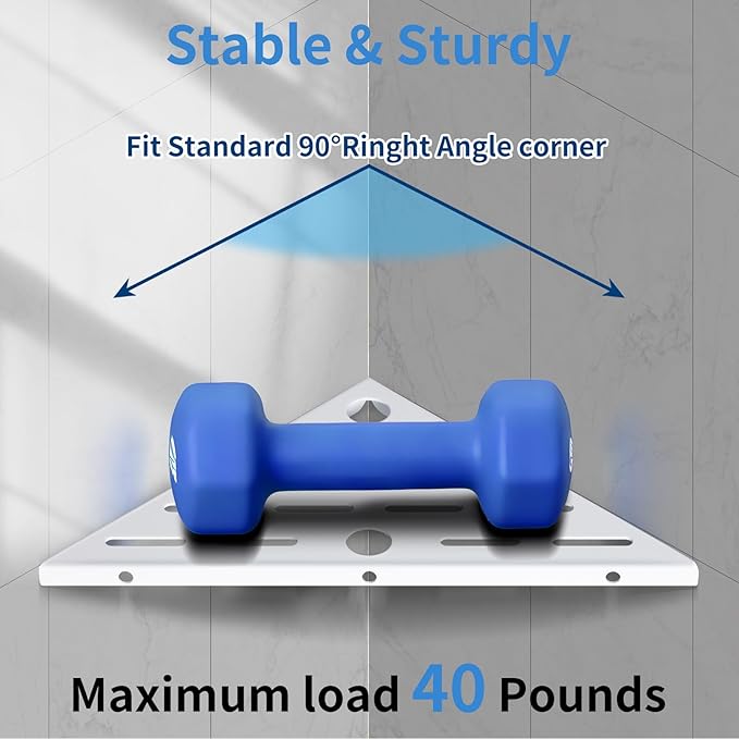 2 Pack Corner Shower Shelf,304 Stainless Steel Bathroom Shelves Add 6 Hooks 40 lbs Heavy Duty Capacity Durable Shower Shelf for Inside Shower Drilling Installation (White)