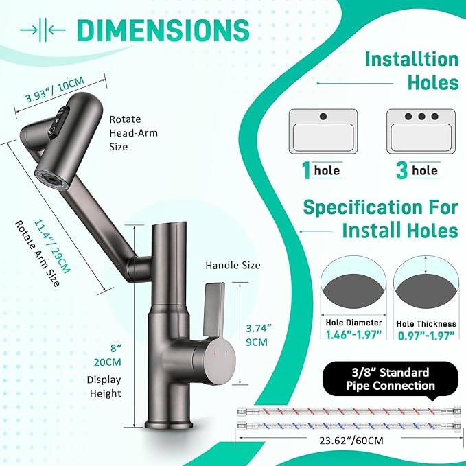 Rotatable Bathroom Faucet with Temperature Display in Fahrenheit(Batteries-Free), Height Adjustable Sink Smart Faucet with 3 Water Settings for Bathroom RV Lavatory Vanity Sink, LCF-2401, Matte Grey