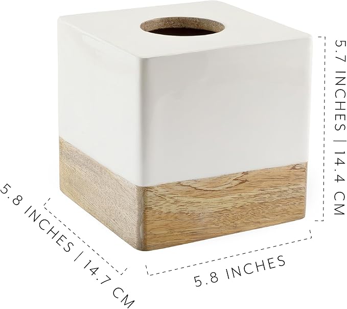 AuldHome Design Square Tissue Box Cover (Enamel/Mango Wood); Minimalist Scandinavian Decor White Cube Tissue Holder
