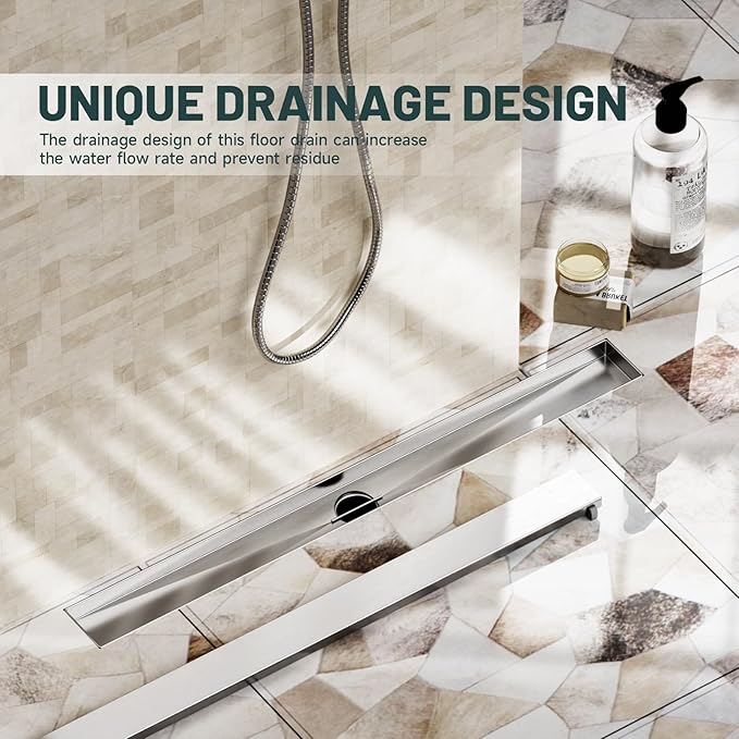 28-Inch Linear Shower Floor Drain, Stainless Steel Bathroom Floor Drains, Rectangular Shower Trench Floor Drain, Hair Strainer, Brushed Nickel