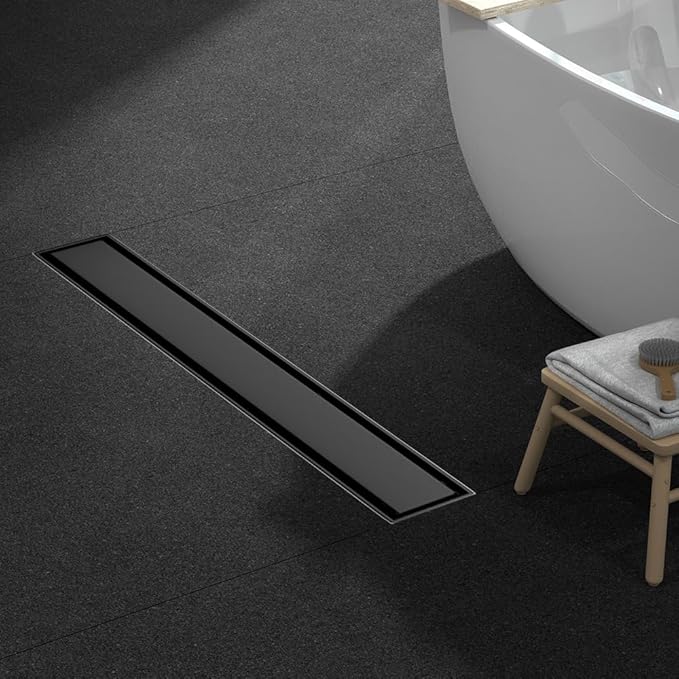 Linear Shower Drain 18 Inch Black, Shower Drain with 2-in-1 Tile Insert Panel, Brushed AISI 304 Stainless Steel Linear Drain for Fast Drainage, Floor Drain for Bathroom, Kitchen, Garage & More