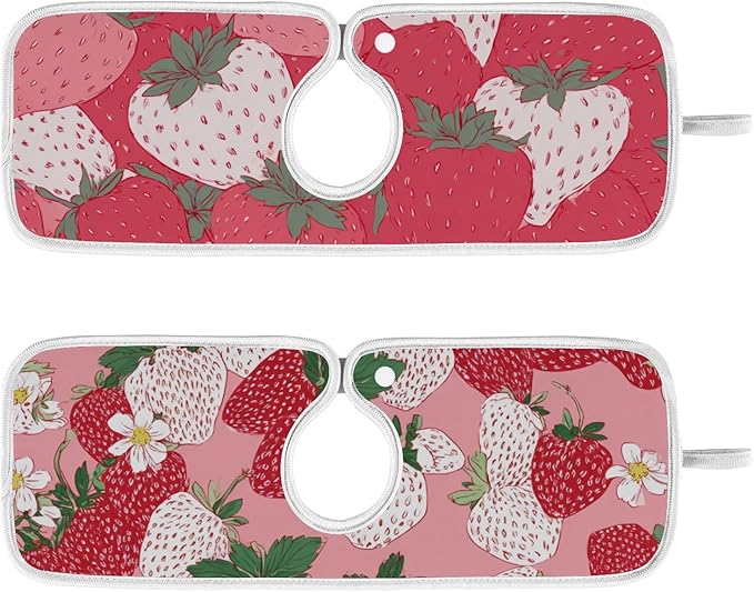 Sink Faucet Absorbing Mat Kitchen Sink Splash Guard Splash Faucet Drip Catcher for Bar RV Bathroom 2PCS 23.6x5.5in Pink White Strawberries Flowers